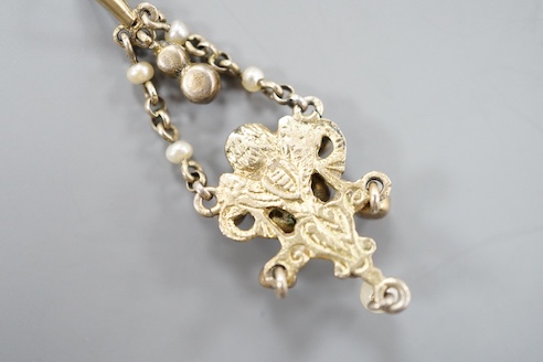 A 19th century Austro-Hungarian gilt white metal, paste and seed pearl set drop pendant, 43mm.